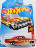 Hot Wheels 2019 HW Flames series '66 Chevy Nova diecast car in red with white and yellow flames on a blue collector card