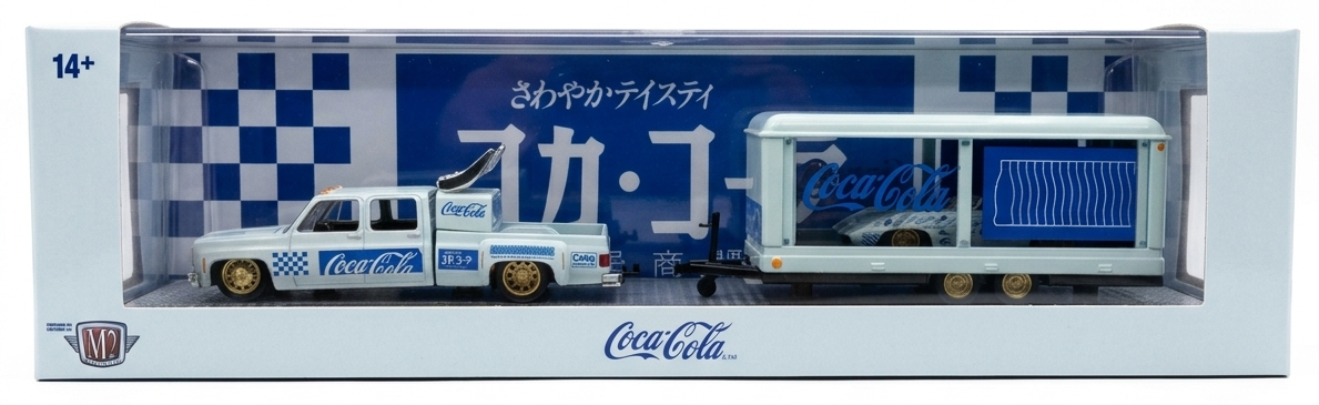 M2 Machines Coca-Cola Japan 1973 Chevy Silverado truck and trailer diecast set on a white background.