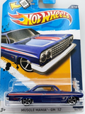Hot Wheels 2012 Muscle Mania '62 Chevy Bubble Top diecast car in metallic blue with red and silver racing stripes on a blue and yellow collector card.