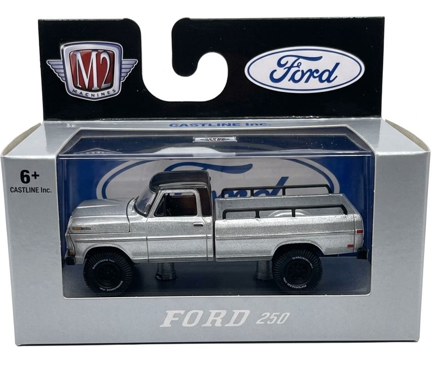 M2 Machines 1970 Ford F-250 Explorer 4x4 diecast truck in silver and black on a white background