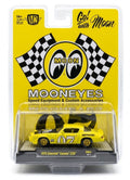 A yellow 1979 Chevrolet Camaro Z28 die-cast model car in its original blister packaging, featuring a bright yellow backing card with 'MOONEYES' branding and checkered flags.