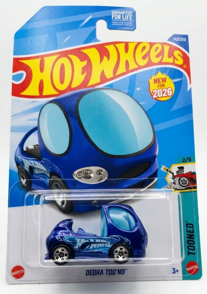 Hot Wheels 2026 Deora Too'nd blue diecast car in original blister pack, Tooned Series 2/5, 1:64 scale on a pure white background.