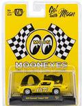 A packaged die-cast model car on a bright yellow backing card. The product is a 1969 Chevrolet Camaro Z28 in yellow with black and white racing graphics, branded MOONEXES.