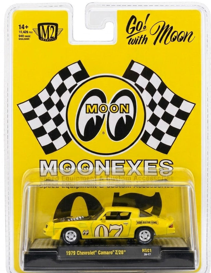A packaged die-cast model car on a bright yellow backing card. The product is a 1969 Chevrolet Camaro Z28 in yellow with black and white racing graphics, branded MOONEXES.