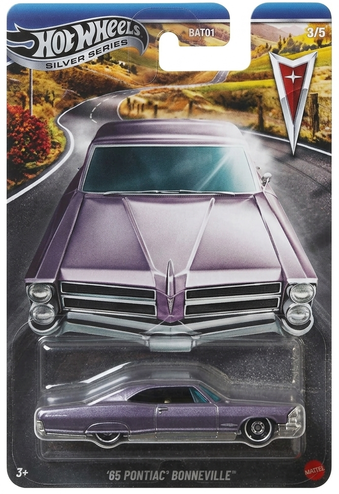 Hot Wheels '65 Pontiac Bonneville toy car in packaging with scenic background