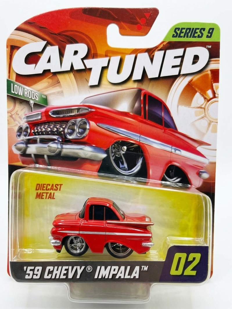 Red '59 Chevy Impala model car in packaging with 'Car Tuned' branding.