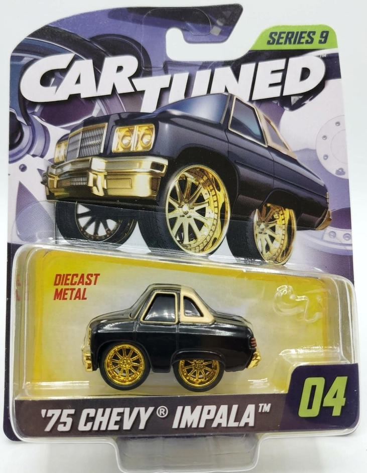 Toy car packaging of a '75 Chevy Impala with gold wheels on a white background