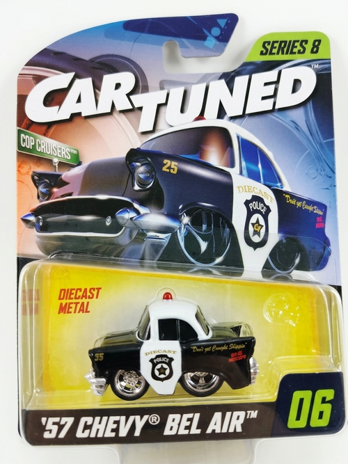 Packaged toy car model of a '57 Chevy Bel Air with 'Car Tuned' branding.