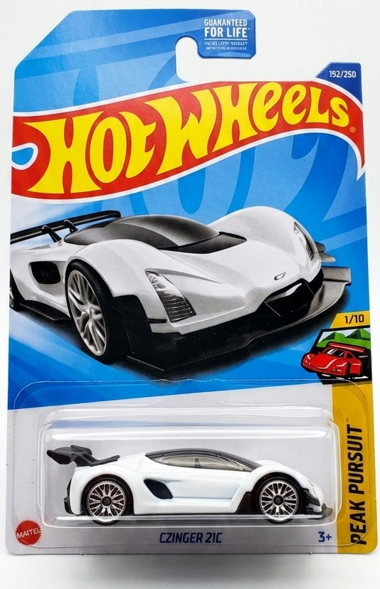 Hot Wheels toy car packaging with a white car on a blue background