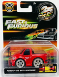 Fast and Furious toy car packaging with a red Ford F-150 SVT Lightning model.