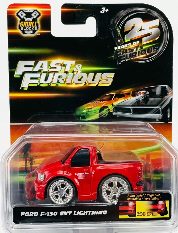Fast and Furious toy car packaging with a red Ford F-150 SVT Lightning model.