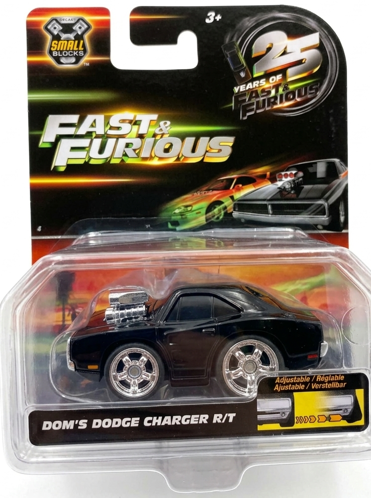 Fast and Furious toy car in packaging with 'Dom's Dodge Charger R/T' text